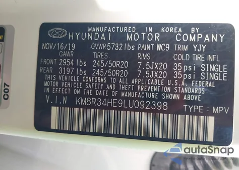 2020 Hyundai Palisade Sel z USA, uszkodzony, nr VIN KM8R34HE9LU092398